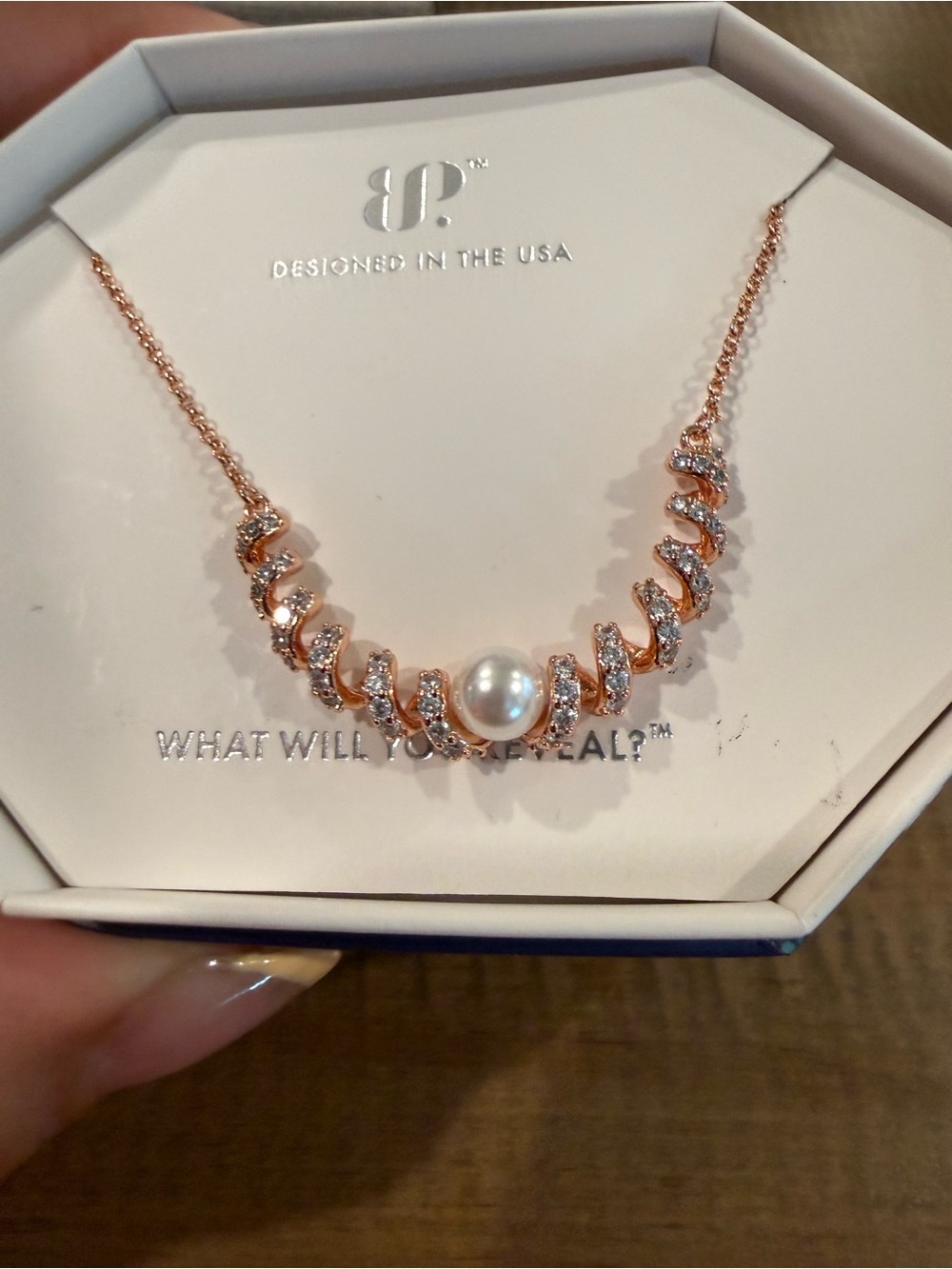 Rose Gold Pearl Necklace with Crystal Swirl Accents - June B day BP